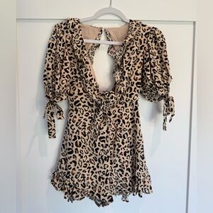 PETAL + PUP Leopard Print Puff Sleeve Romper Dress